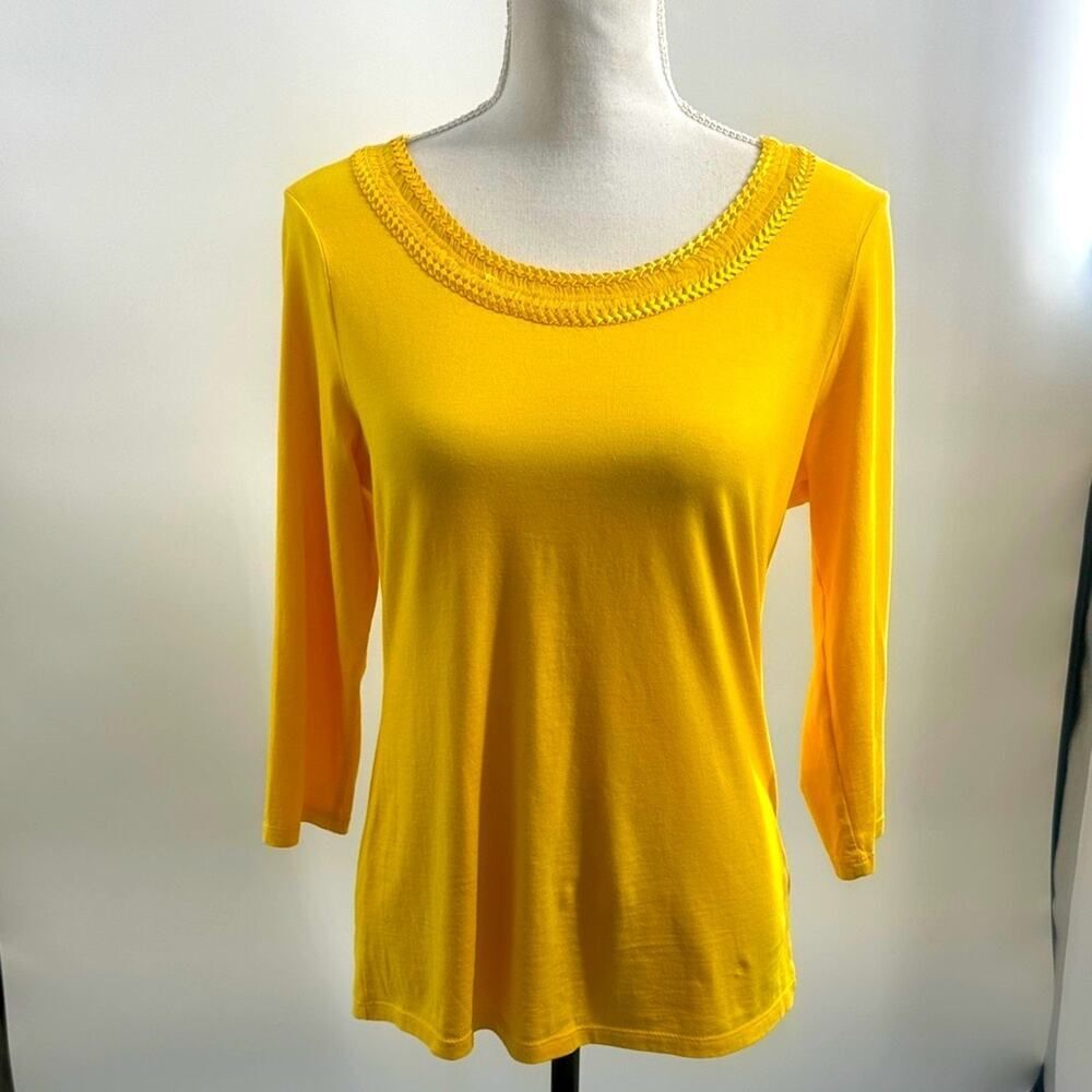 COLDWATER CREEK Sz. Small Yellow 3/4 sleeve Scoop Neck Top w/ Embellish Neckline